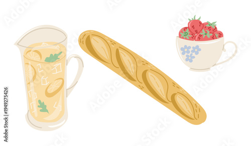 Illustration features a pitcher of lemonade, a baguette, and a cup filled with strawberries, all arranged on a clean white background