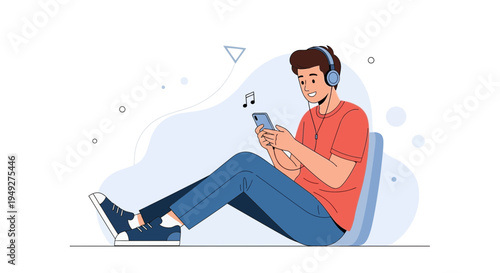 Young man listening to music on headphones with smartphone, relaxing at home