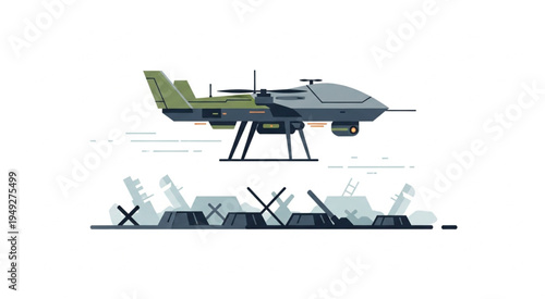 Military Drone Over Anti-Tank Obstacles - Modern Warfare Illustration.