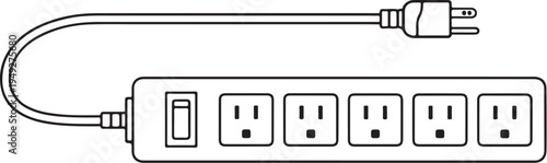 Extension power strip line art black and white electrical outlet strip vector illustration top view eps