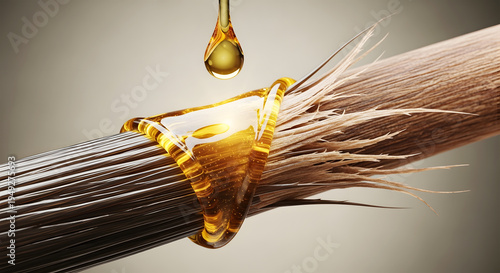 Golden oil droplet falling onto damaged hair strand with split ends image