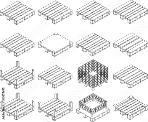 Isometric pallet vector illustration set showing logistics storage designs, warehouse equipment, transportation platforms, industrial stacking solutions, shipping and packaging