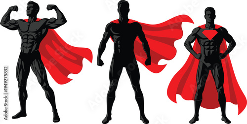 Set of three black superhero silhouettes wearing vibrant flowing red capes, dynamic heroic poses, isolated on white background, vector illustration