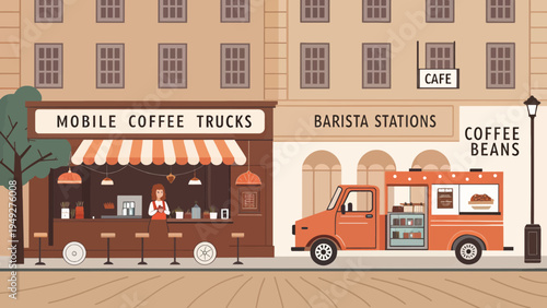 Vector illustration of urban coffee vendor collection with mobile trucks and barista stations on city street
