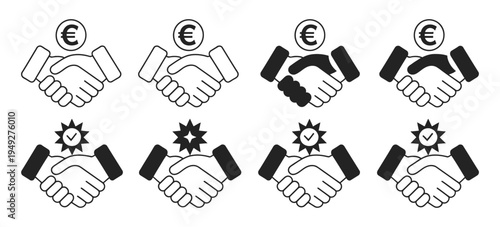 Handshake Icon with Euro Currency, professional achievement star badge, vector illustration in EPS 10, symbolizing business success, financial agreement, and professional recognition.