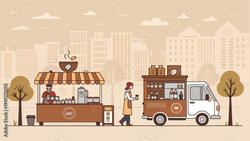 Urban coffee vendor collection with mobile cart and truck serving coffee to customers in city