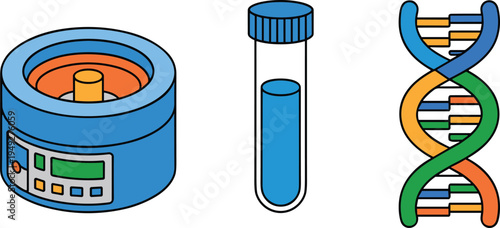 Scientific laboratory vector illustration with centrifuge, test tube, DNA helix, molecular biology research equipment, genetic analysis, biotechnology and medical science