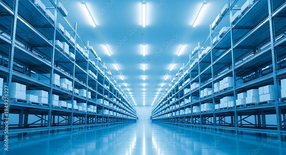 Obraz premium Interior shot of a large warehouse with rows of shelves filled with boxes, blue-toned