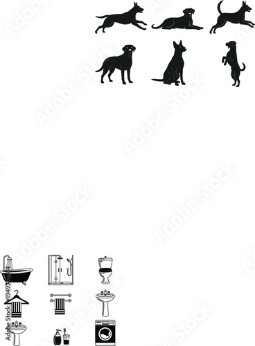 Bathroom and laundry room icon set featuring bathtub, shower stall, toilet, pedestal sink, washing machine, and towel rack silhouettes, vector illustration for interior design and home plumbing.