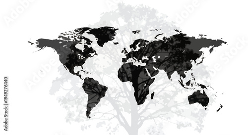World map with tree silhouette global ecology environment concept