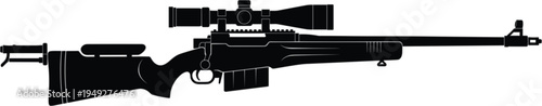 Black and white sniper rifle vector illustration with high precision scope and tactical stock for military and hunting design.