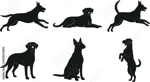 Dog silhouette vector set featuring various breeds in active and resting poses including running, jumping, sitting, and standing, perfect for pet industry branding and animal care designs.