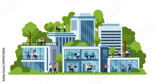 Modern Green Office Building with Professionals Working. Sustainable Business Campus & Co-working Space Illustration.
