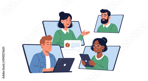 Team Video Conference Call with Diverse Professionals for Remote Work and Online Collaboration