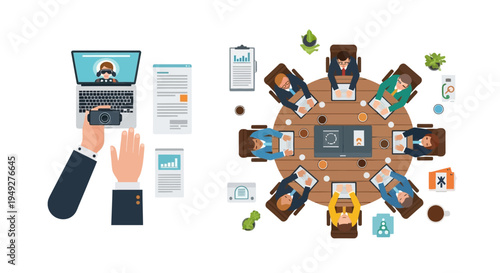 Hybrid Business Collaboration: Virtual Video Conference and Traditional Office Meeting with Diverse Teams. Modern Workplace Technology & Teamwork Concept.