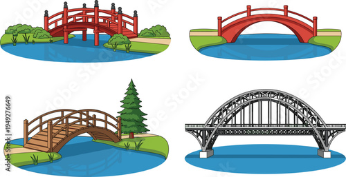 Illustration Set of Different Types of Bridges: Red, Wooden, and Steel Bridge Designs Over Water