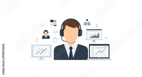 Customer Service and Support Agent with Data Analytics, Business Intelligence, and Online Communication Network Illustration