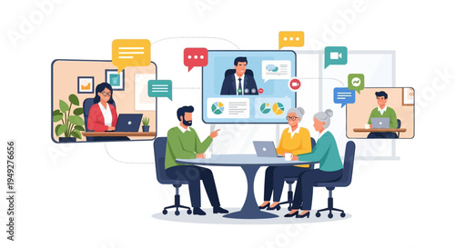 Hybrid Team Collaboration: Seamless Remote and In-Person Business Meeting Illustration