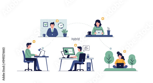 Hybrid Work Model Illustration: Flexible Teams Collaborating Remotely and In-Office