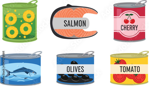 Vector Illustration Set of Canned Food Products: Pineapple, Salmon, Cherry, Fish, Olives, Tomato