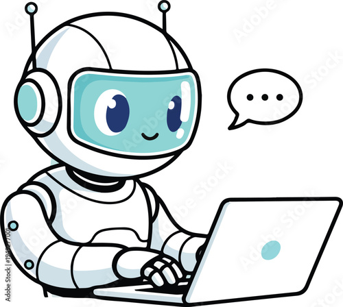 A cartoon robot with a laptop and a speech bubble