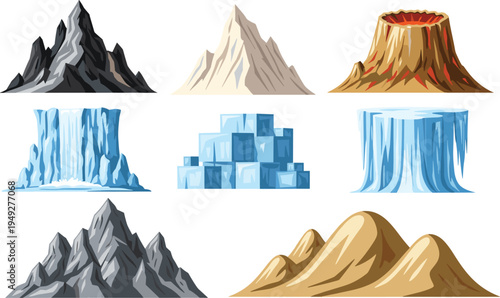 Vector Illustration of Mountain Ranges, Volcanic Peaks, and Ice Formations for Nature and Geography Designs
