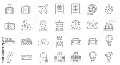 Collection of minimalist travel icons depicting various vacation elements