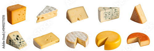Assorted cheese slices and blocks on black cheese blocks dairy food isolated on a transparent background