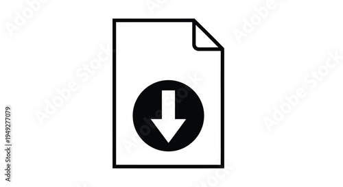 A simple black and white icon of a document with a download arrow
