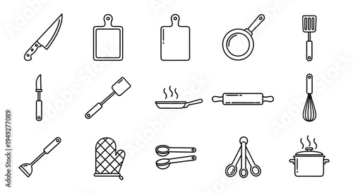 Collection of minimalist kitchen utensils and cookware in black outlines