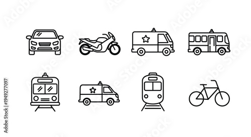 Line art illustration depicting various modes of transportation vehicles