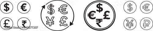 Global finance and money exchange concept with major international currency signs