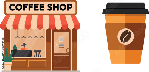 Modern coffee shop storefront vector set, takeaway coffee cup with bean icon for small business cafe concept