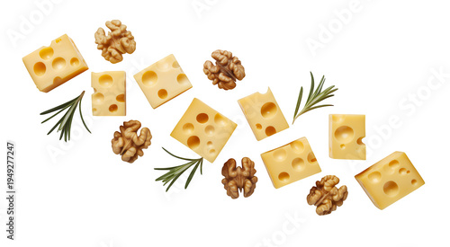 Cheese cubes with walnuts and rosemary food isolated on a transparent background