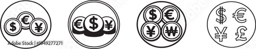  International money exchange concept featuring major currency signs and financial coins