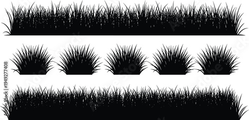 Black grass border silhouettes set with wild meadow grass and bush clumps, decorative nature elements isolated on white background for landscape design