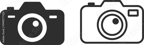 Camera vector icon set with solid and outline DSLR style for photography, digital media, and web