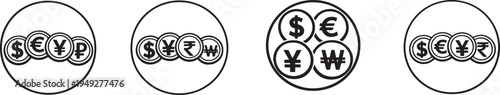 World finance currency sign collection showing global money exchange and banking concept