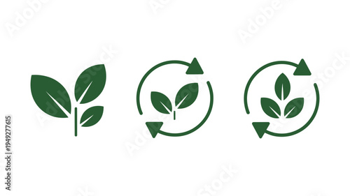 Green Eco and Recycle Icons, vector symbols with plant leaves, representing nature, sustainability, organic growth, and environmental protection, suitable for eco-friendly design, apps, and websites.