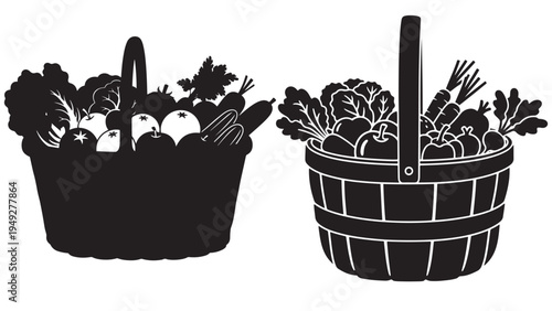 Farm Fresh Vegetable Basket Silhouette Set — Farmers Market Produce Basket Icons, Minimal Black-and-White Solid Vector, Isolated On White
