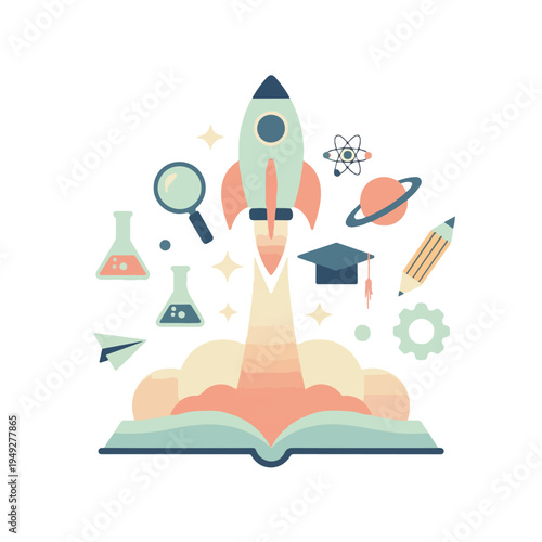 Minimal Flat Vector Illustration of Creative Learning Concept with Rocket Lightbulb Launching from Open Book, Education and Science Icons Modern Infographic Style