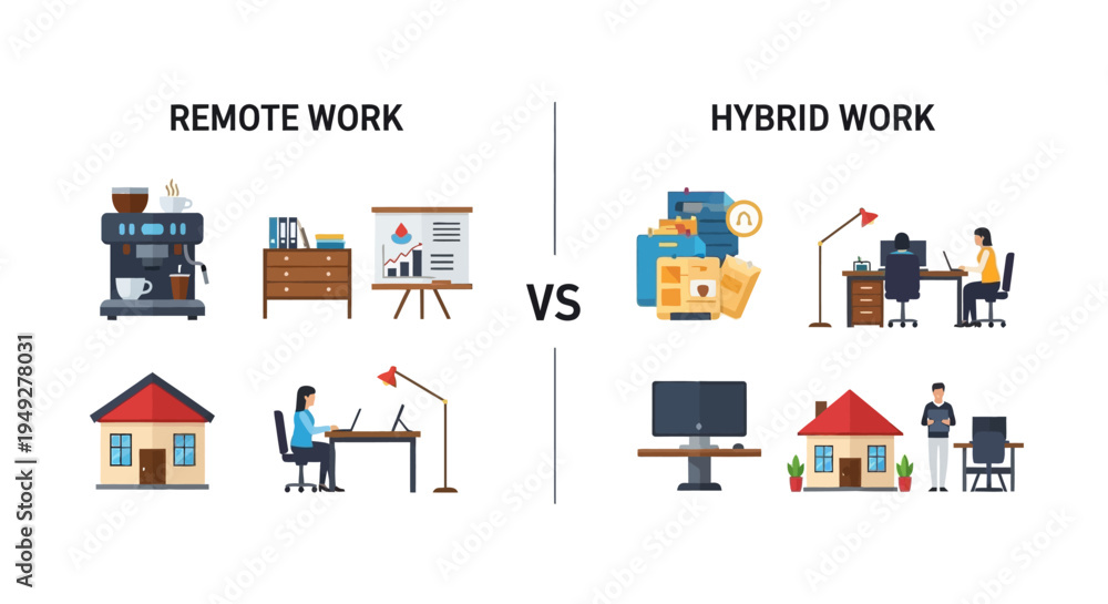 Fototapeta premium Remote Work vs. Hybrid Work: Understanding Modern Flexible Employment Models