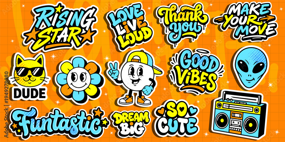 Fototapeta premium A set of colorful graffiti art sticker illustrations. Cool groovy retro sticker pack vector illustration