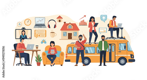 Remote Work Lifestyle: Professionals Working Flexibly from Home, While Traveling, and Collaborating Virtually Across Diverse Environments