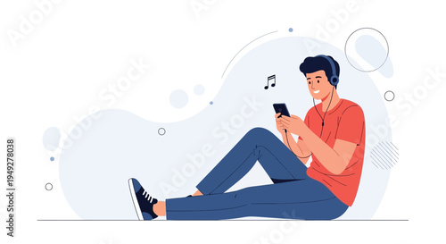Young Man Listening to Music on Phone with Headphones, Relaxing