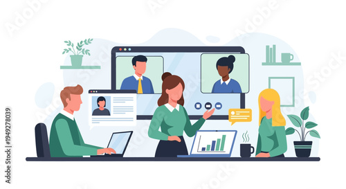 Digital Collaboration: Team Meeting, Video Call, and Remote Work with Data Analysis