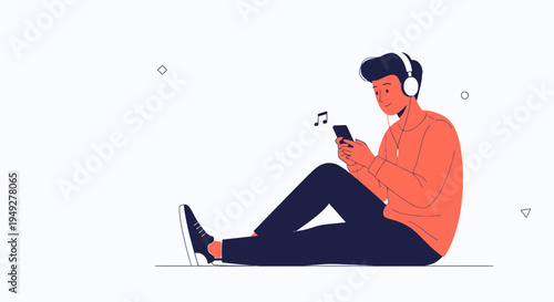 Young Man Listening to Music on Phone with Headphones, Sitting Relaxed