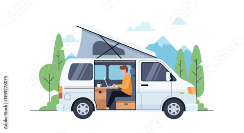 Remote Work in Nature: Digital Nomad Lifestyle in a Camper Van Illustration
