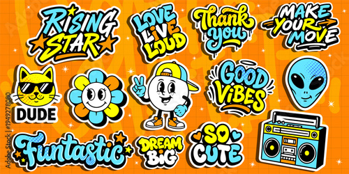 A set of colorful graffiti art sticker illustrations. Cool groovy retro sticker pack vector illustration