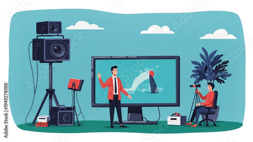 Video Production Studio Illustration – Presenter Recording Educational Content with Camera and Screen